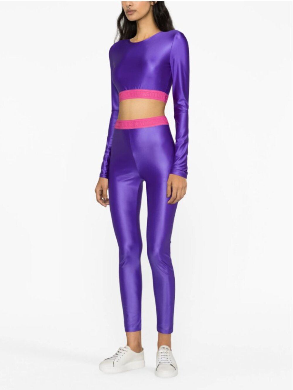 Versace Jeans Couture Purple & Pink Logo Crop Top + Leggings Set Size S